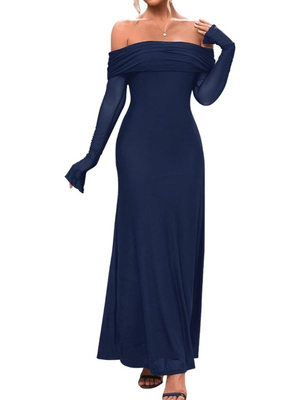 Women's Navy Floral Off Shoulder Long Sleeve Formal Wedding Guest Maxi Dresses